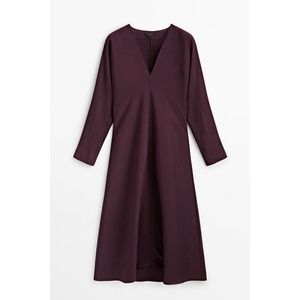 Massimo Dutti Burgundy V-Neck Midi Dress Size Medium New With Tags‎
